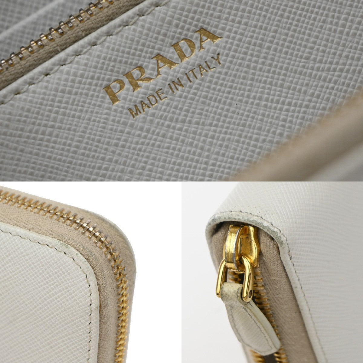 Prada Zip Around Tab Wallet Saffiano Leather, WHITE, LEATHER, Wallets