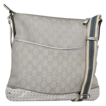 Gucci Zip Messenger Bag GG Canvas with Perforated Leather, SILVER, CANVAS, Shoulder bag