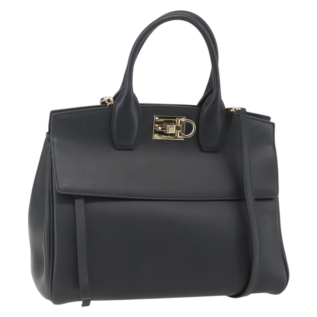 Salvatore Ferragamo Studio Satchel Leather, BLACK, LEATHER, Handbag
