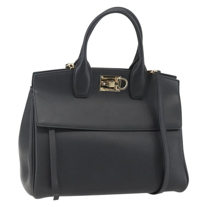 Salvatore Ferragamo Studio Satchel Leather, BLACK, LEATHER, Handbag