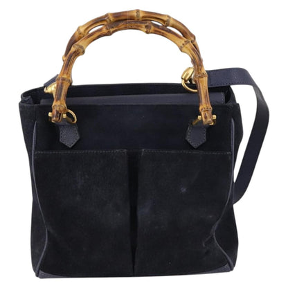 Gucci Vintage Bamboo Front Pocket Tote Suede, NAVY, SUEDE, Handbag