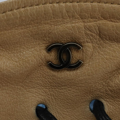 Chanel Vintage Drawstring Pouch Leather, BEIGE, LEATHER, Clutche & pouche
