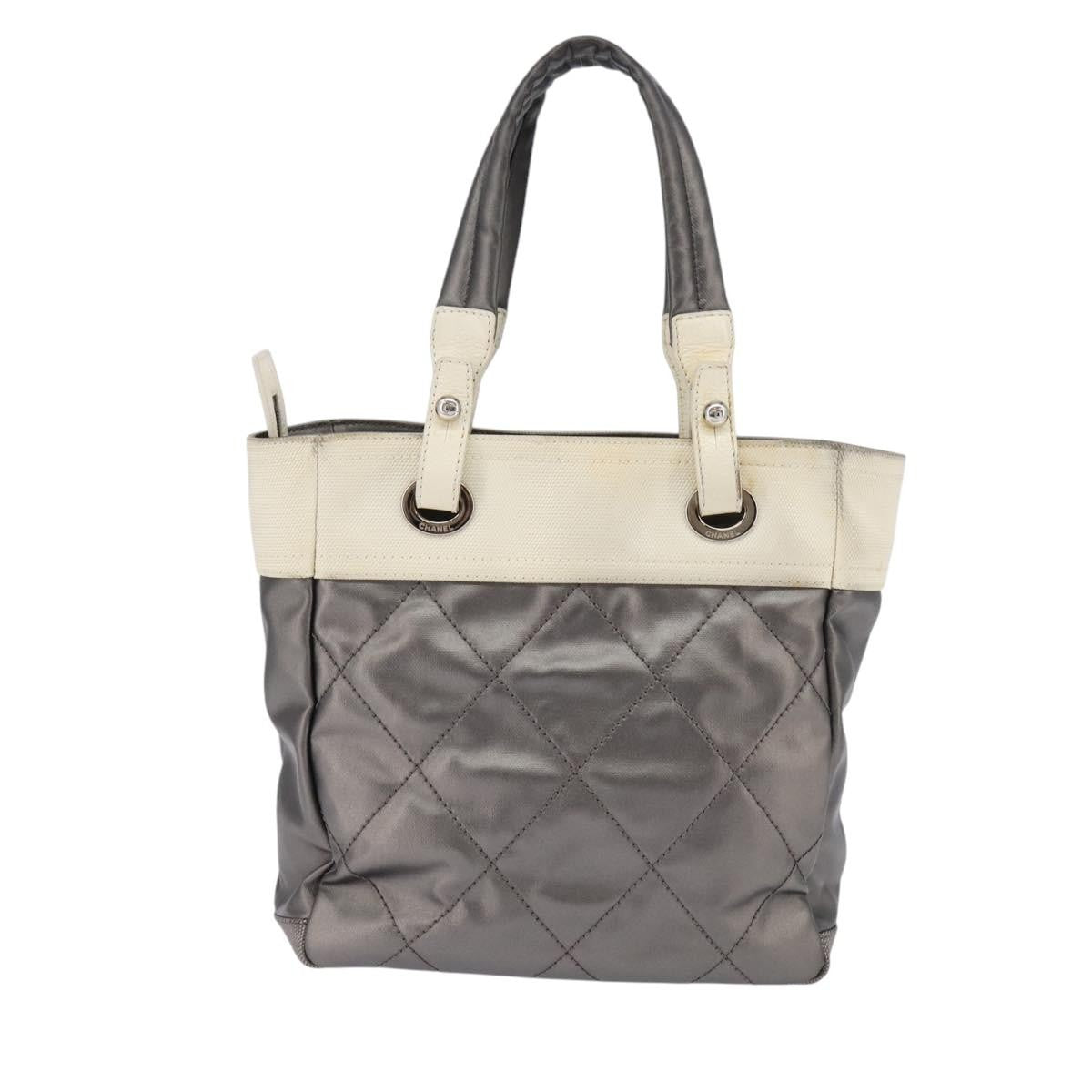 Chanel Biarritz Tote Quilted Coated Canvas, SILVER, CANVAS, Tote bag