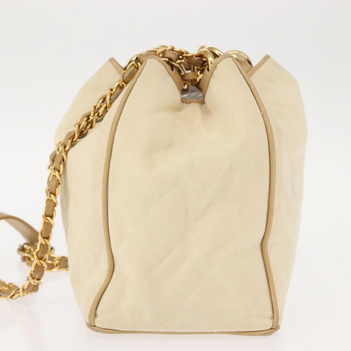 Chanel Vintage Drawstring Chain Bucket Bag Quilted Canvas, BEIGE, CANVAS, Shoulder bag