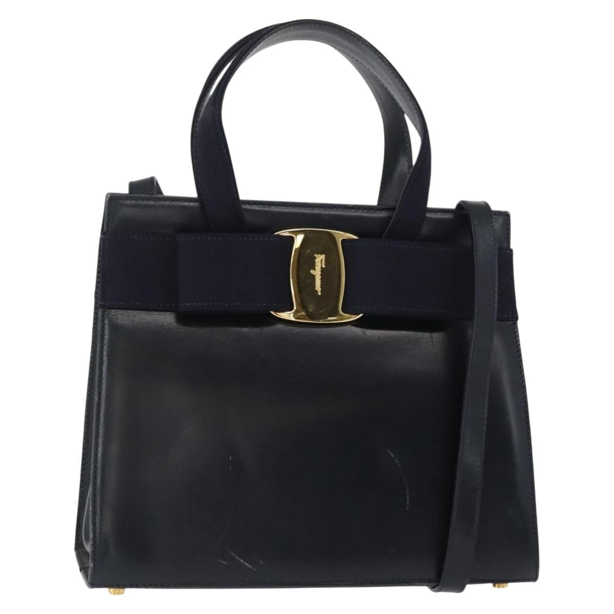 Salvatore Ferragamo Convertible Vara Bow Tote Leather, NAVY, LEATHER, Handbag