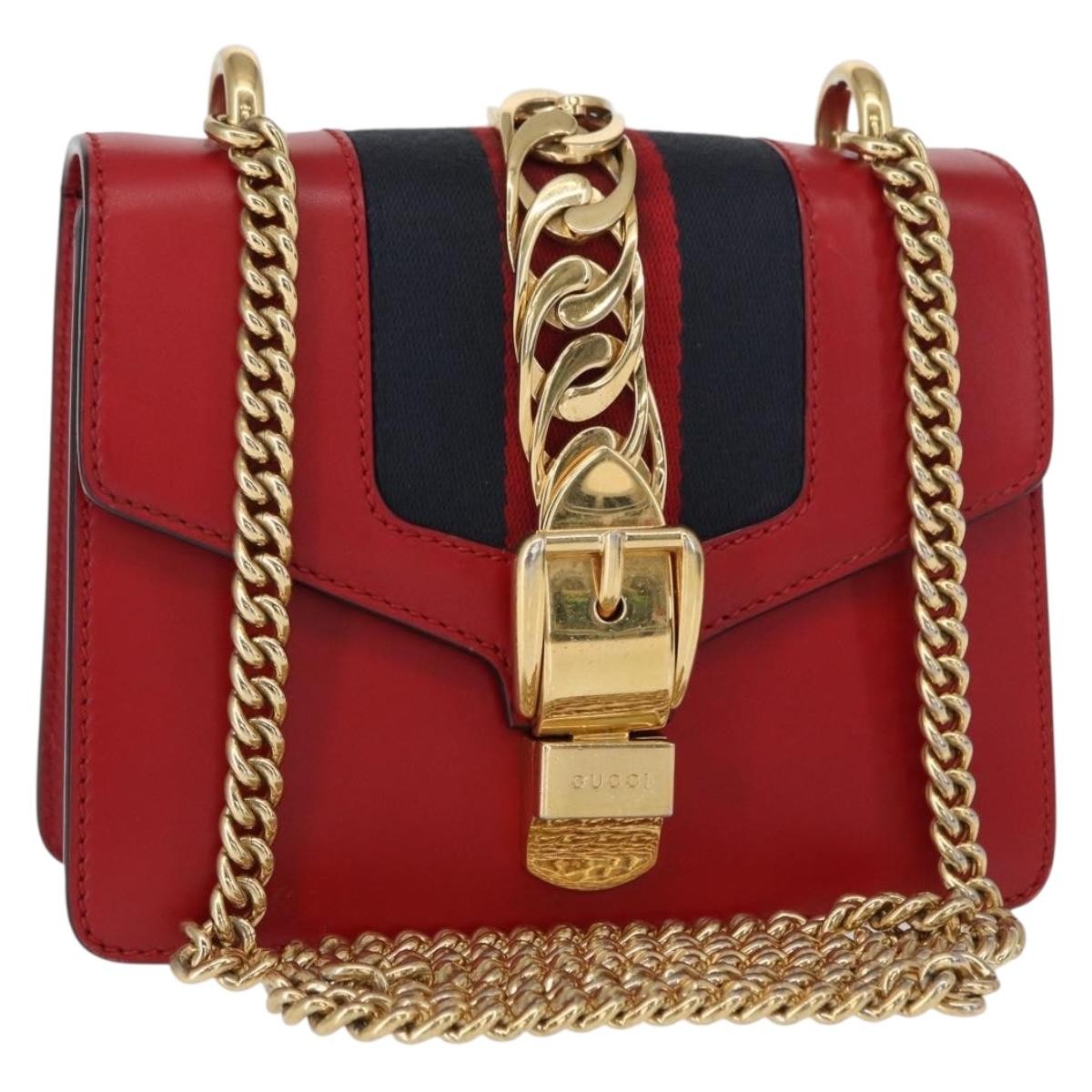 Gucci Sylvie Chain Shoulder Bag Leather, RED, LEATHER, Shoulder bag