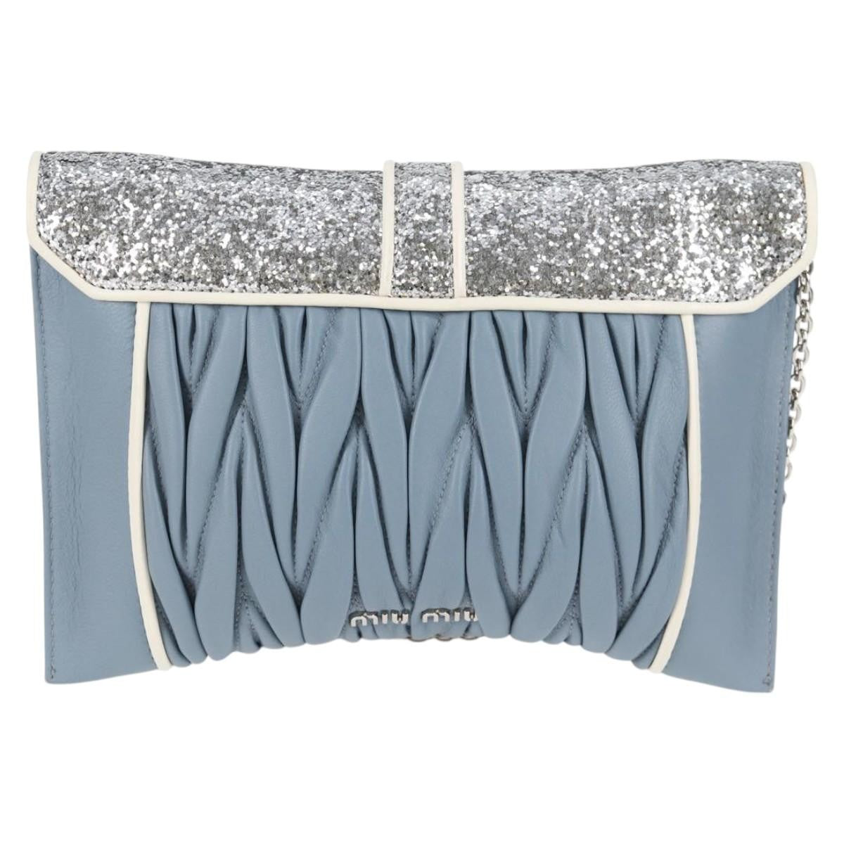 Miu Miu Madras Chain Clutch Matelasse Leather with Glitter, BLUE, LEATHER, Shoulder bag