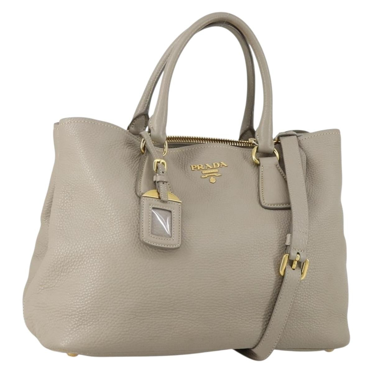 Prada Convertible Shopper Tote Vitello Daino, GRAY, LEATHER, Tote bag