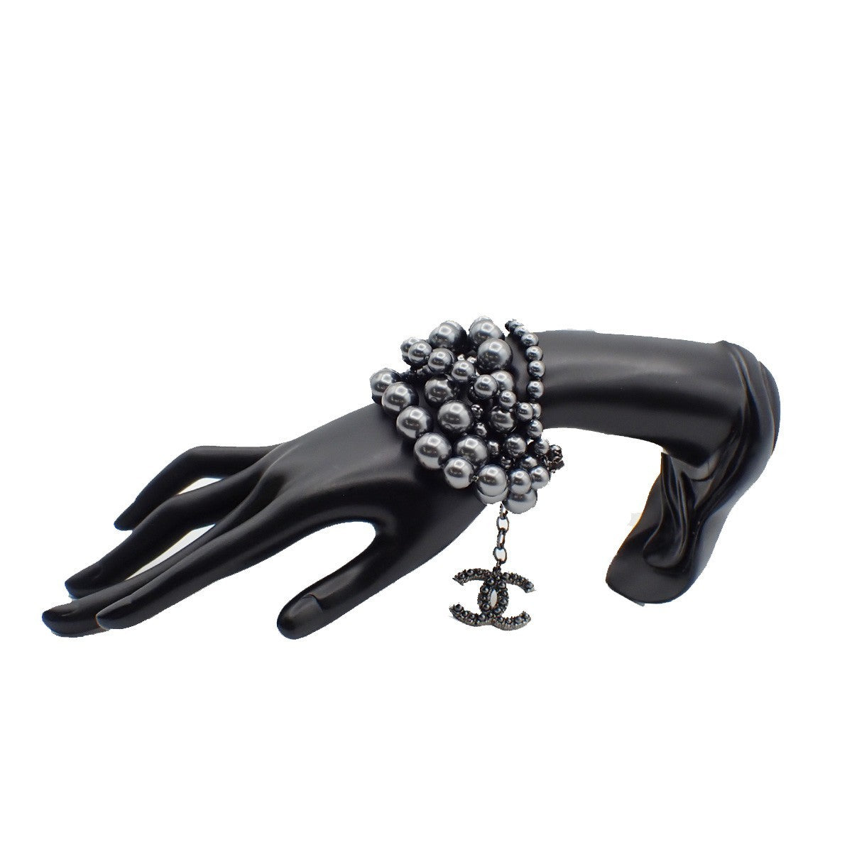 Chanel CC Charm Bracelet Faux Pearls and Metal, BLACK, SILVER_PLATED, Bracelet