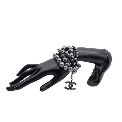 Chanel CC Charm Bracelet Faux Pearls and Metal, BLACK, SILVER_PLATED, Bracelet