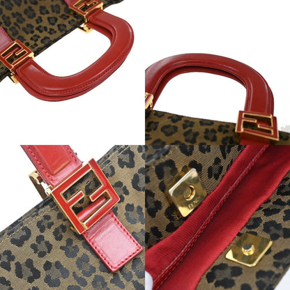 Fendi Vintage FF Handle Tote Leopard Print Jacquard, BROWN, CANVAS, Handbag