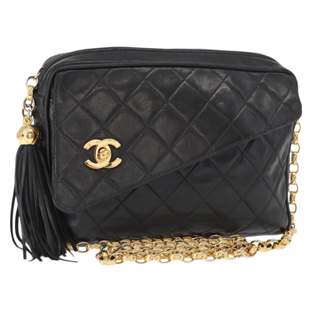 Chanel CC Chain & Tassel Front Pocket Camera Bag Quilted Lambskin, BLACK, LEATHER, Shoulder bag