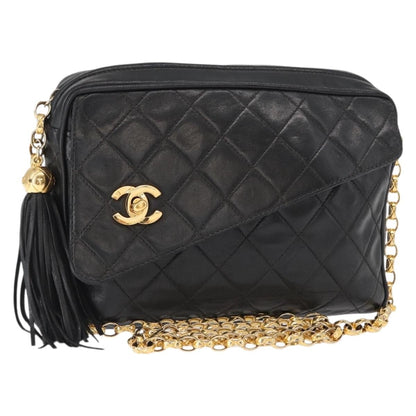 Chanel CC Chain & Tassel Front Pocket Camera Bag Quilted Lambskin, BLACK, LEATHER, Shoulder bag