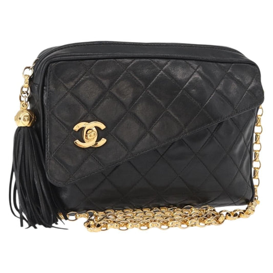 Chanel CC Chain & Tassel Front Pocket Camera Bag Quilted Lambskin, BLACK, LEATHER, Shoulder bag
