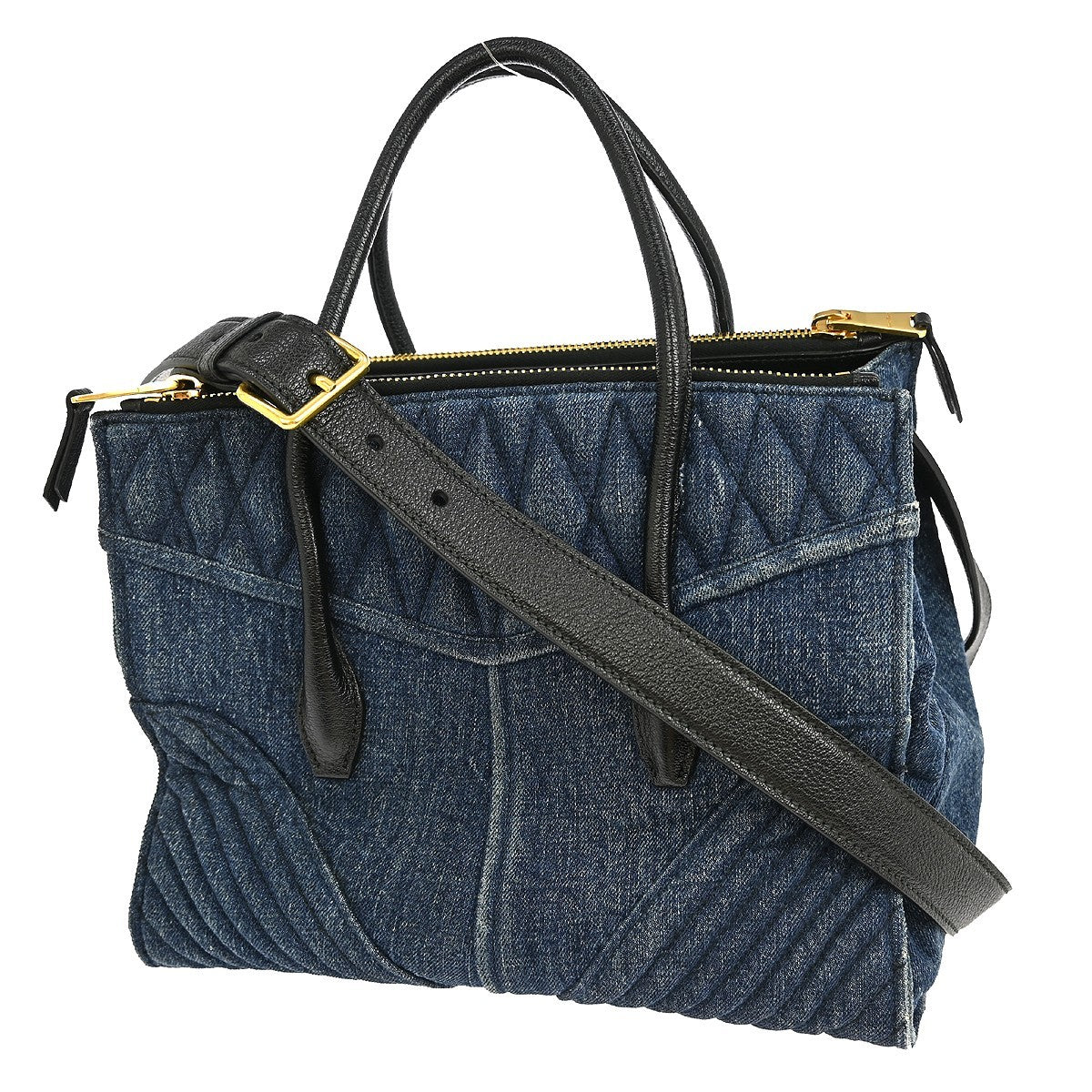 Miu Miu Biker Convertible Tote Denim with Leather, BLUE, DENIM_JEANS, Tote bag