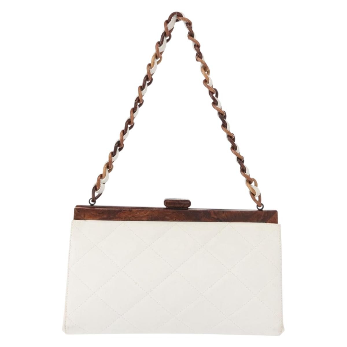 Chanel Wooden Frame Striped Shoulder Bag Leather, WHITE, LEATHER, Shoulder bag