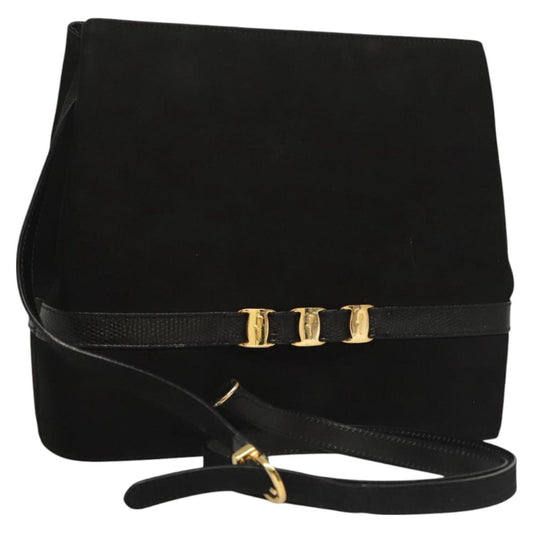 Salvatore Ferragamo Vala Shoulder Bag Suede, BLACK, SUEDE, Shoulder bag