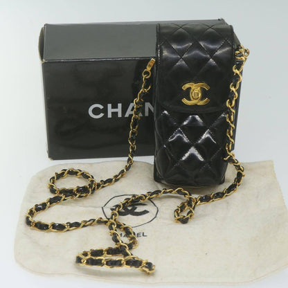Chanel Vintage CC Flap Phone Holder Crossbody Bag Quilted Patent, BLACK, PATENT_LEATHER, Crossbody bag