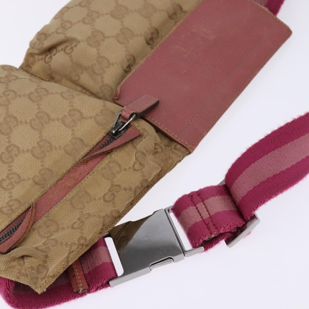 Gucci Vintage Double Belt Bag GG Canvas with Leather, Beige, Canvas, Crossbody Bag