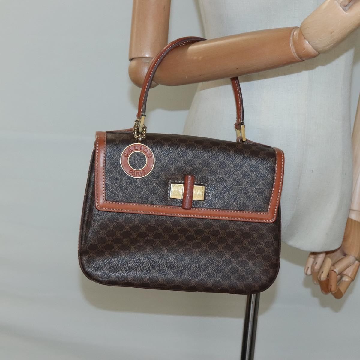 Celine Vintage Convertible Top Handle Bag Macadam Coated Canvas, BROWN, CANVAS, Handbag