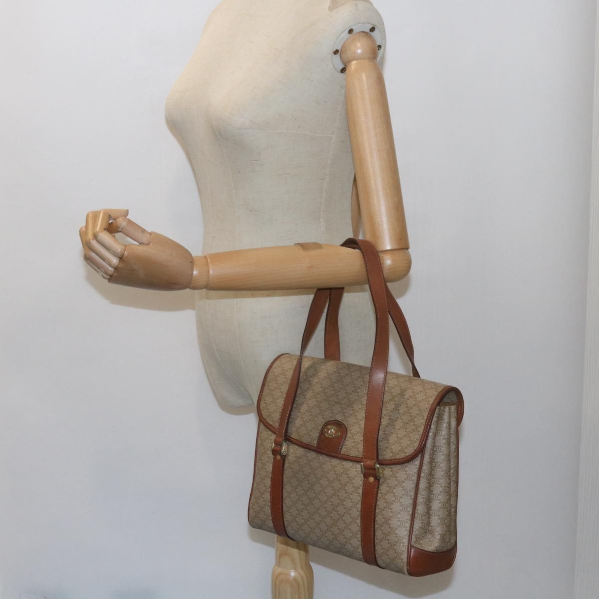 Celine Vintage Macadam Handbag Canvas and Leather, BEIGE, CANVAS, Handbag