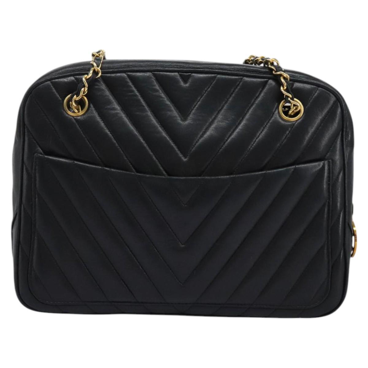 Chanel V Stitch Leather, BLACK, LEATHER, Handbag