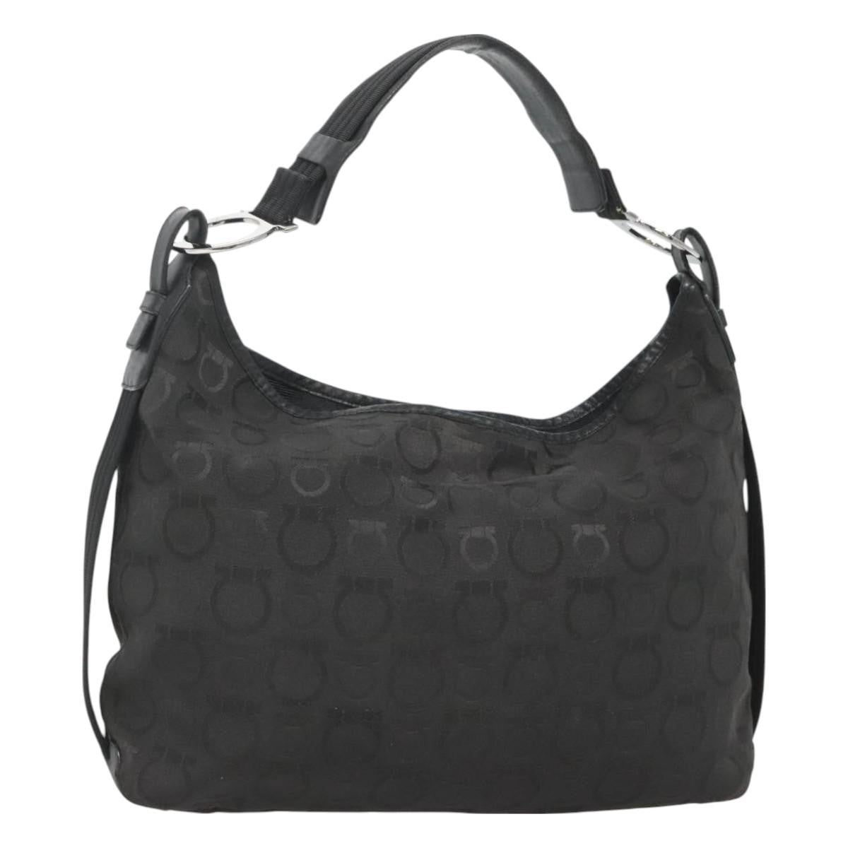 Salvatore Ferragamo Gancini Shoulder Bag Canvas, BLACK, CANVAS, Shoulder bag