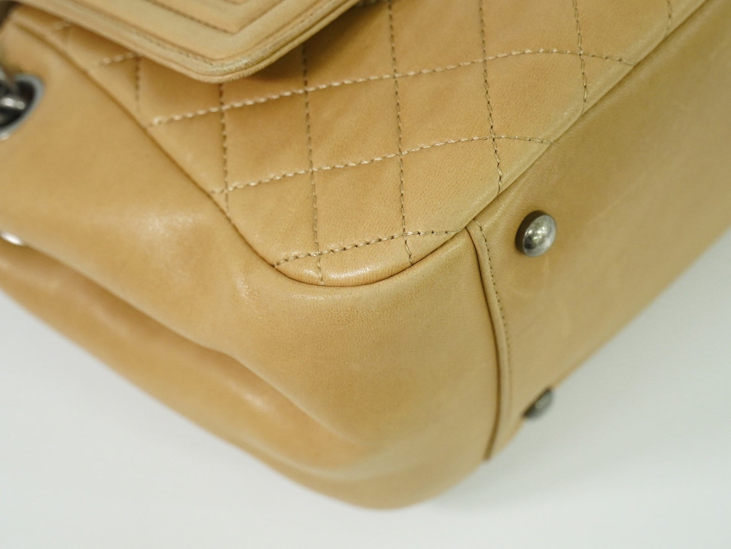 Chanel Boy Accordion Flap Bag Quilted Lambskin, BEIGE, LEATHER, Shoulder bag