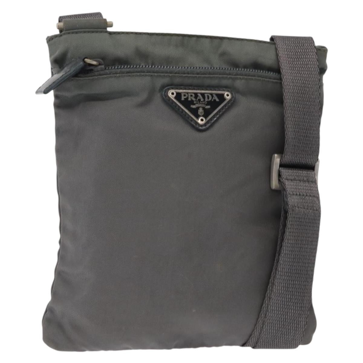 Prada Front Zip Convertible Flat Messenger Tessuto with Leather, GRAY, NYLON, Shoulder bag