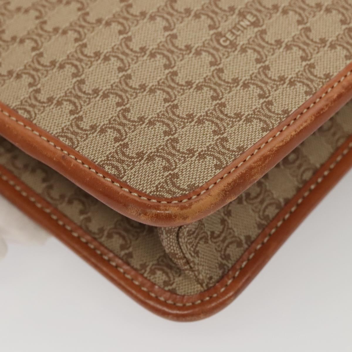 Celine Vintage Macadam Shoulder Bag Canvas and Leather, BEIGE, CANVAS, Shoulder bag