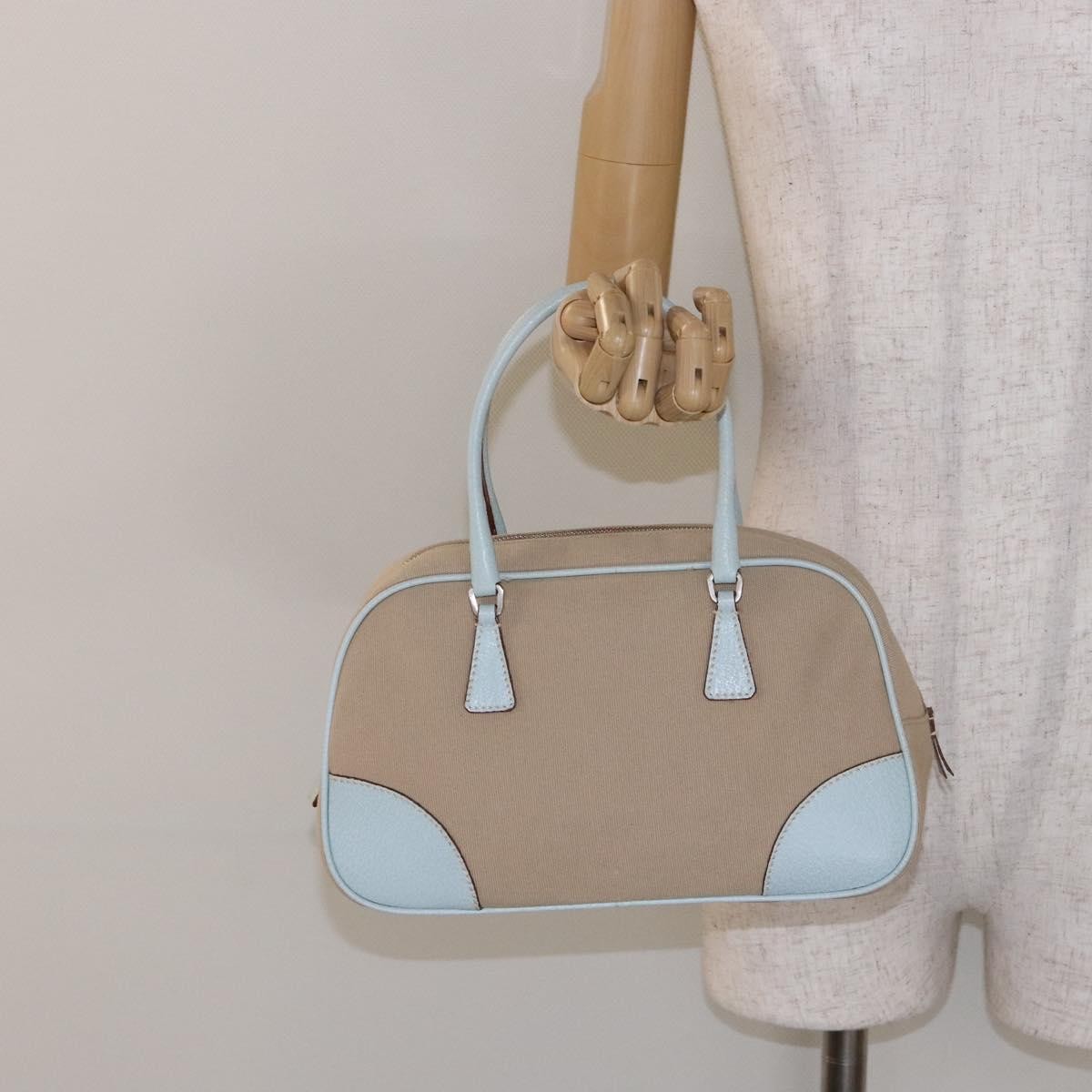 Prada Bauletto Bag Canvas with Leather, BEIGE, CANVAS, Handbag