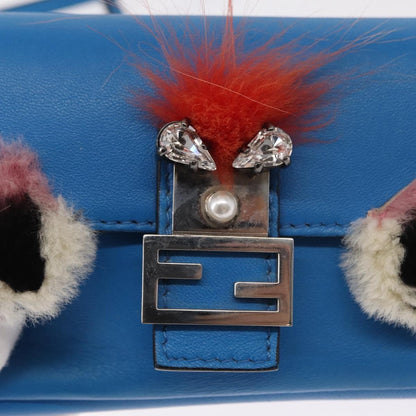 Fendi Monster Baguette Leather and Fur, BLUE, LEATHER, Handbag