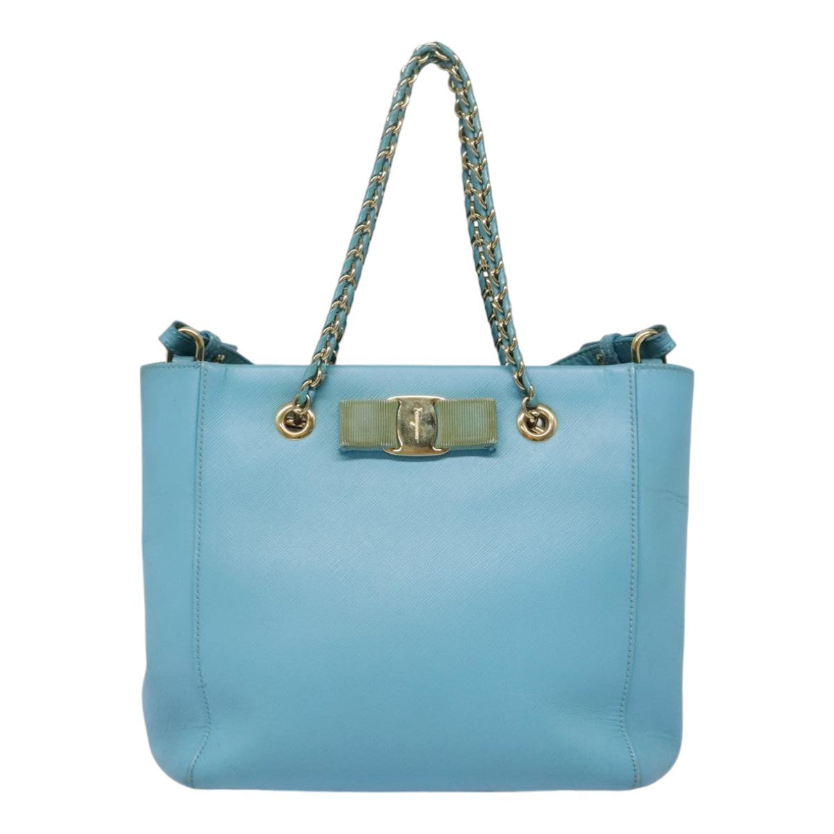 Salvatore Ferragamo Vara Bow Chain Tote Leather, BLUE, LEATHER, Tote bag
