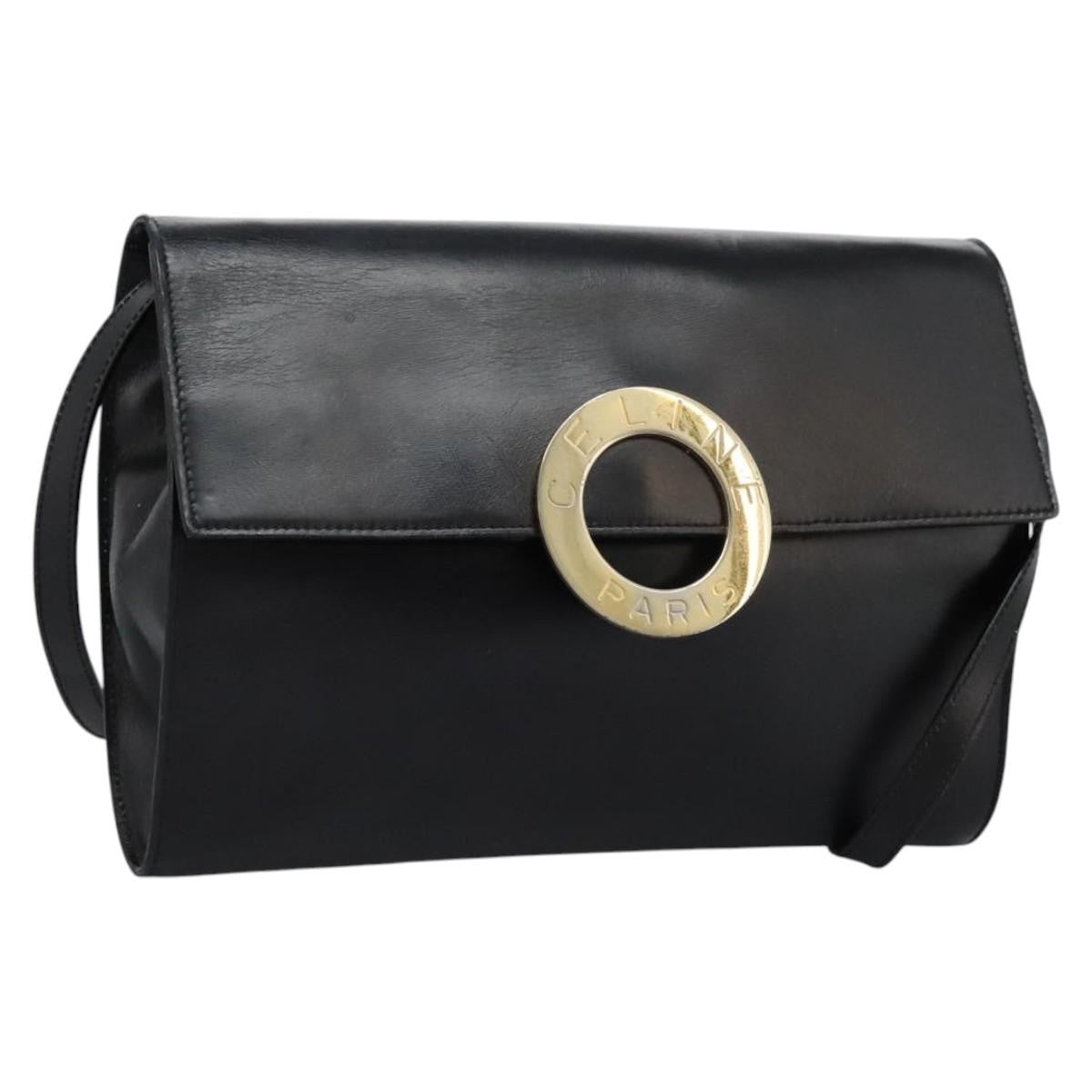 Celine Vintage Circle Logo Crossbody Bag Leather, BLACK, LEATHER, Crossbody bag