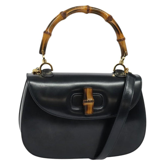 Gucci Vintage Convertible Bamboo Top Handle Bag Leather, NAVY, LEATHER, Handbag