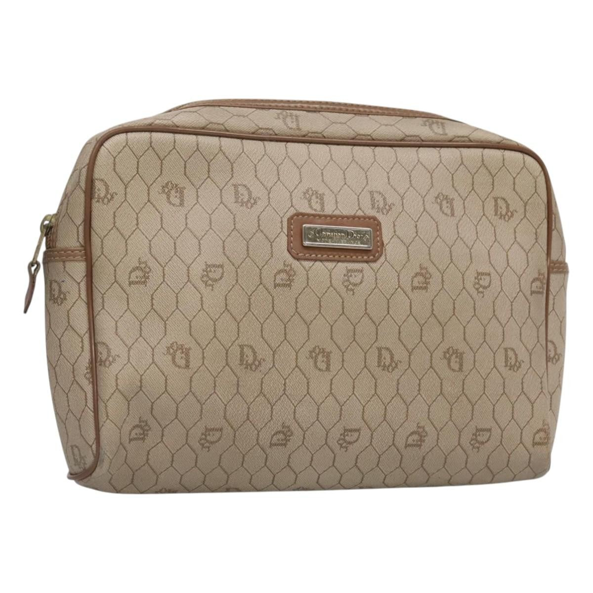 Christian Dior Vintage Honeycomb Zip Pouch Coated Canvas, BEIGE, CANVAS, Clutche & pouche