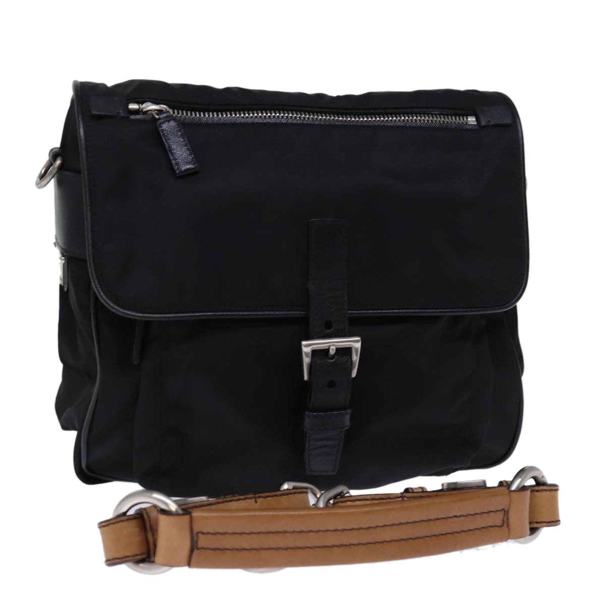 Prada Buckle Messenger Bag Tessuto, BLACK, NYLON, Shoulder bag