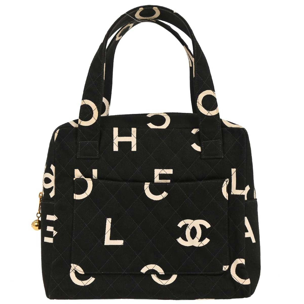 Chanel Vintage Coco Logo Zip Around Handle Bag Quilted Printed Canvas, BLACK, CANVAS, Handbag