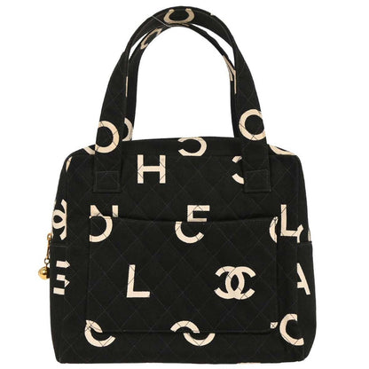 Chanel Vintage Coco Logo Zip Around Handle Bag Quilted Printed Canvas, BLACK, CANVAS, Handbag