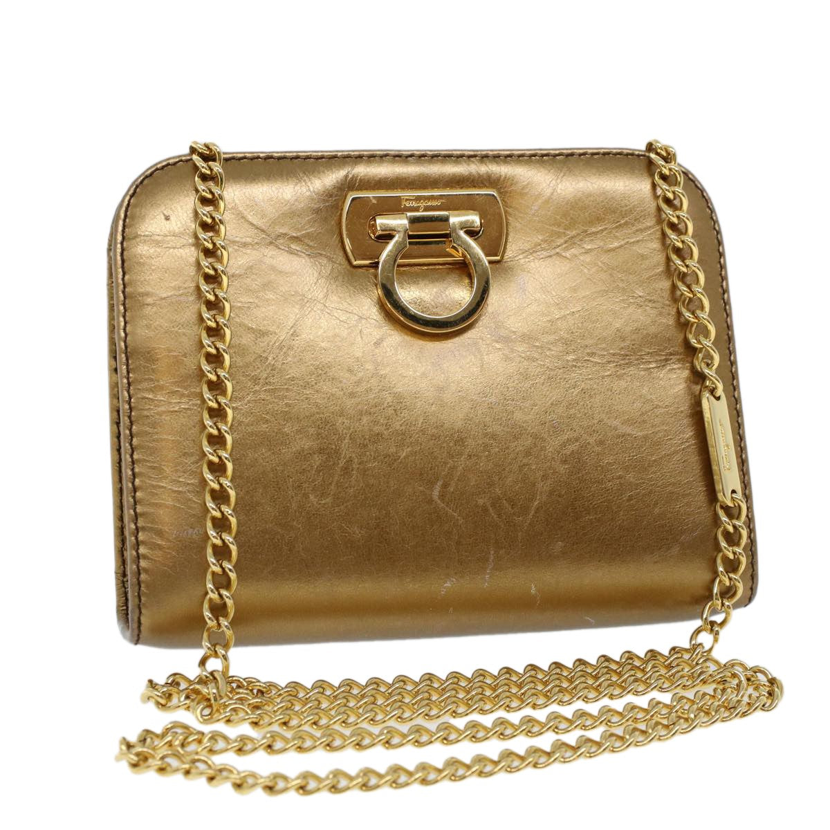 Salvatore Ferragamo Vintage Gancini Chain Shoulder Bag Leather, GOLD, LEATHER, Shoulder bag