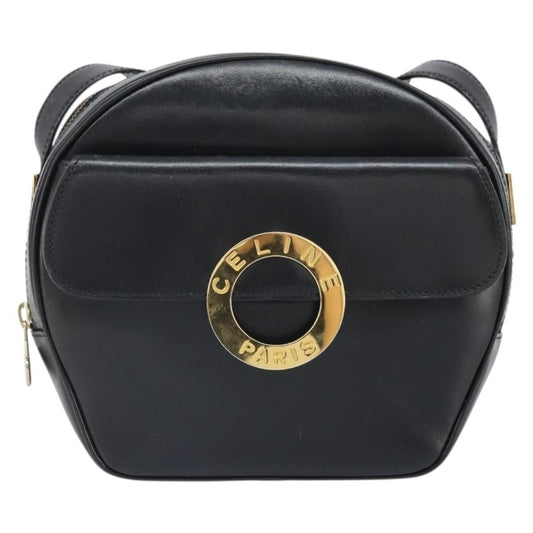 Celine Circle Logo Shoulder Bag Leather, Black, Leather, Shoulder Bag