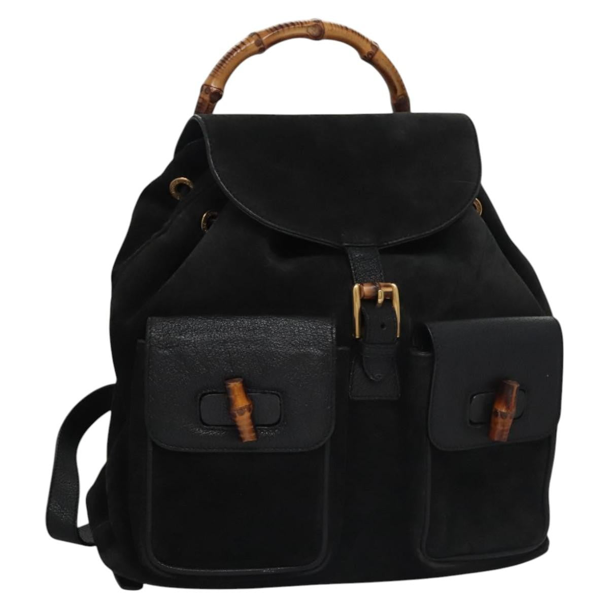 Gucci Vintage Bamboo Backpack Suede and Leather, Black, Suede, Backpack