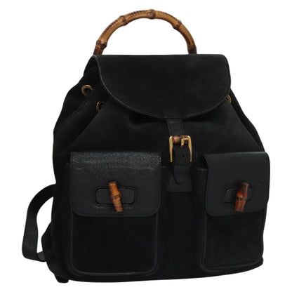 Gucci Vintage Bamboo Backpack Suede and Leather, Black, Suede, Backpack