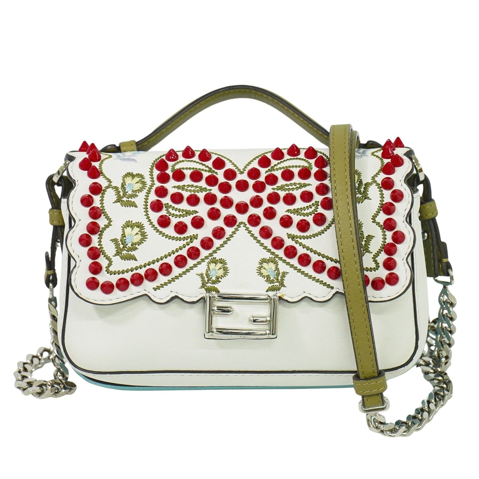 Fendi Double Baguette Embroidered Studded Leather, WHITE, LEATHER, Shoulder bag