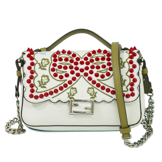 Fendi Double Baguette Embroidered Studded Leather, WHITE, LEATHER, Shoulder bag