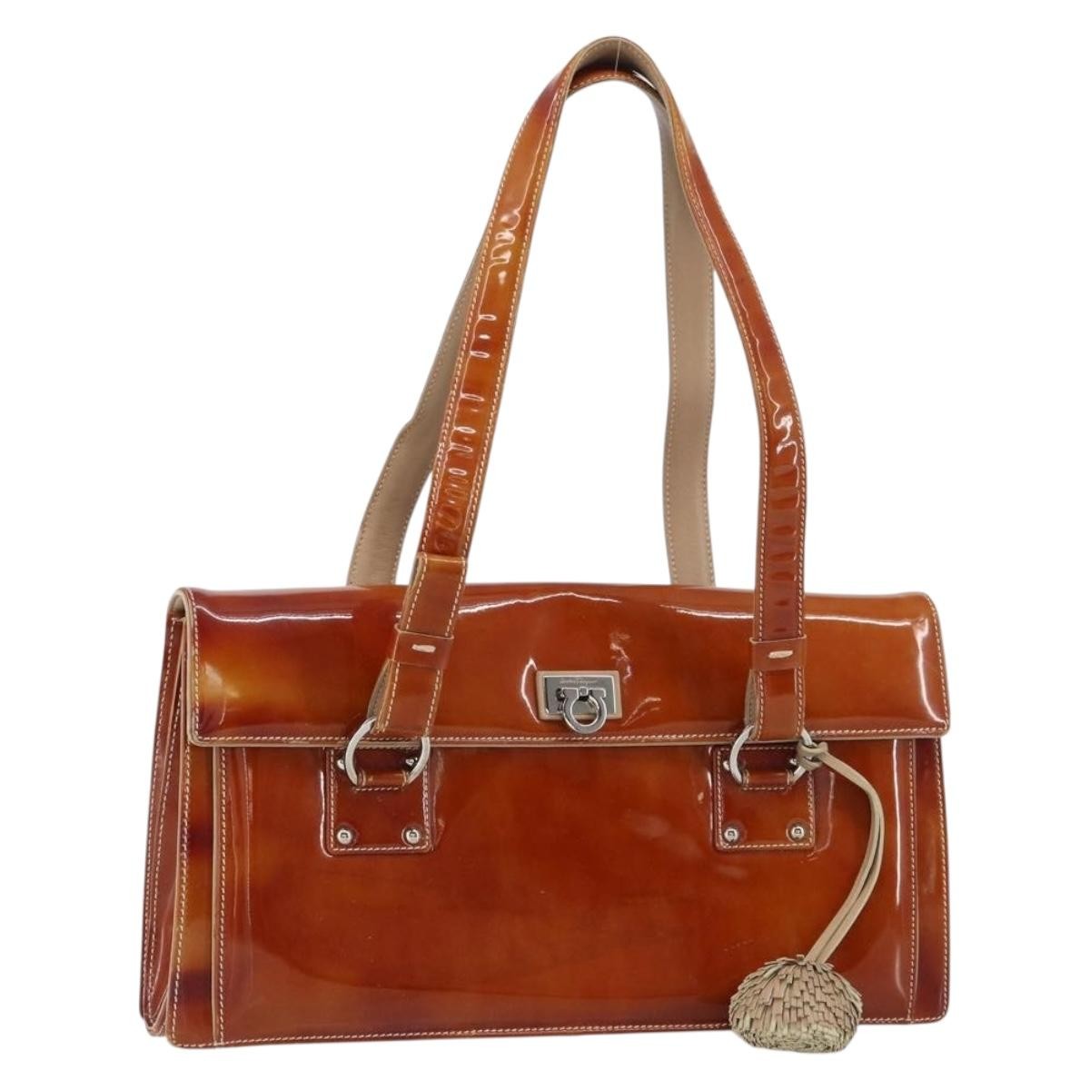 Salvatore Ferragamo Gancini handbag Patent leather, BROWN, PATENT_LEATHER, Handbag