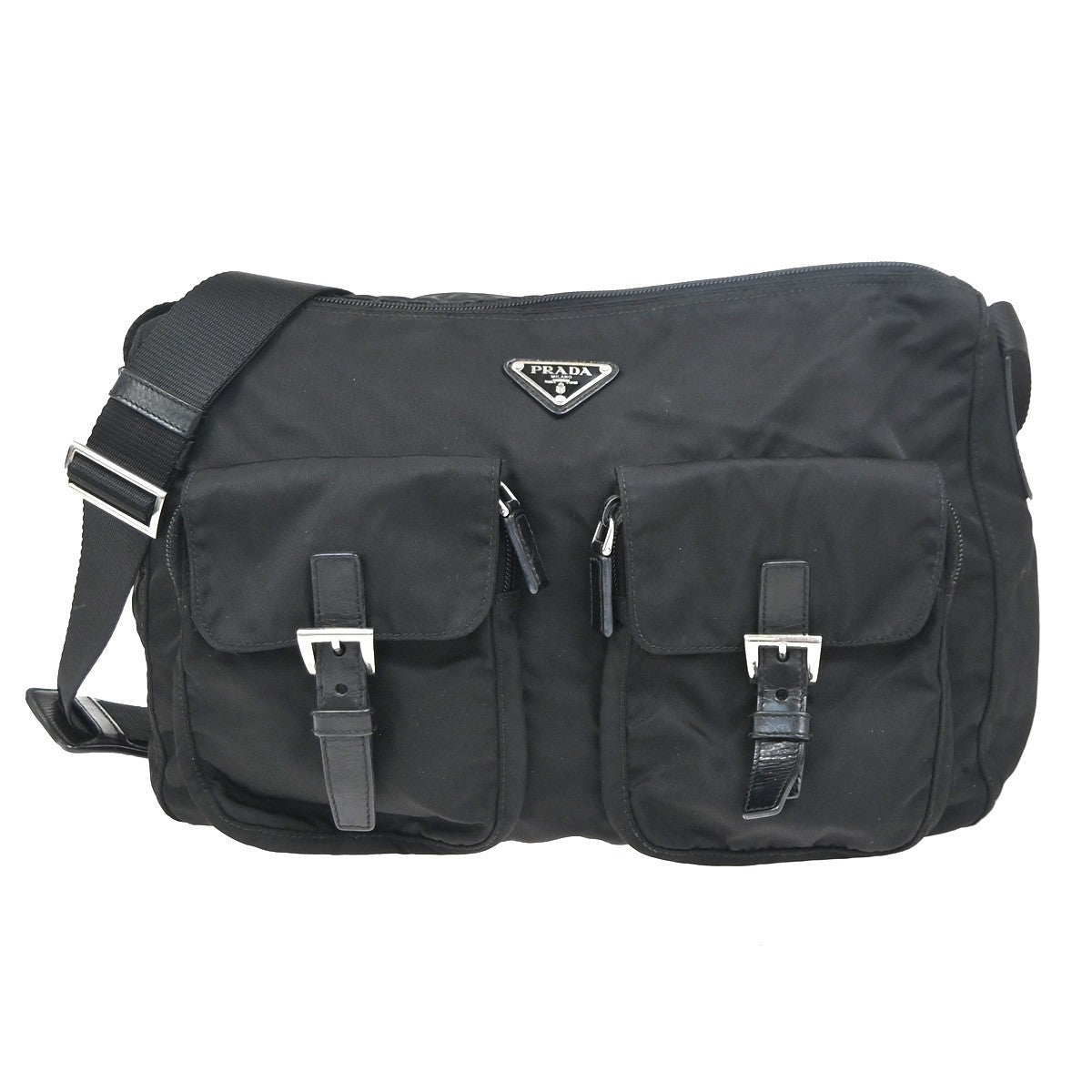 Prada Zip Buckle Messenger Bag Tessuto, BLACK, NYLON, Crossbody bag