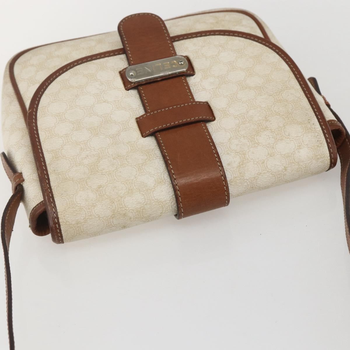 Celine Vintage Macadam Shoulder Bag Canvas and Leather, WHITE, CANVAS, Shoulder bag