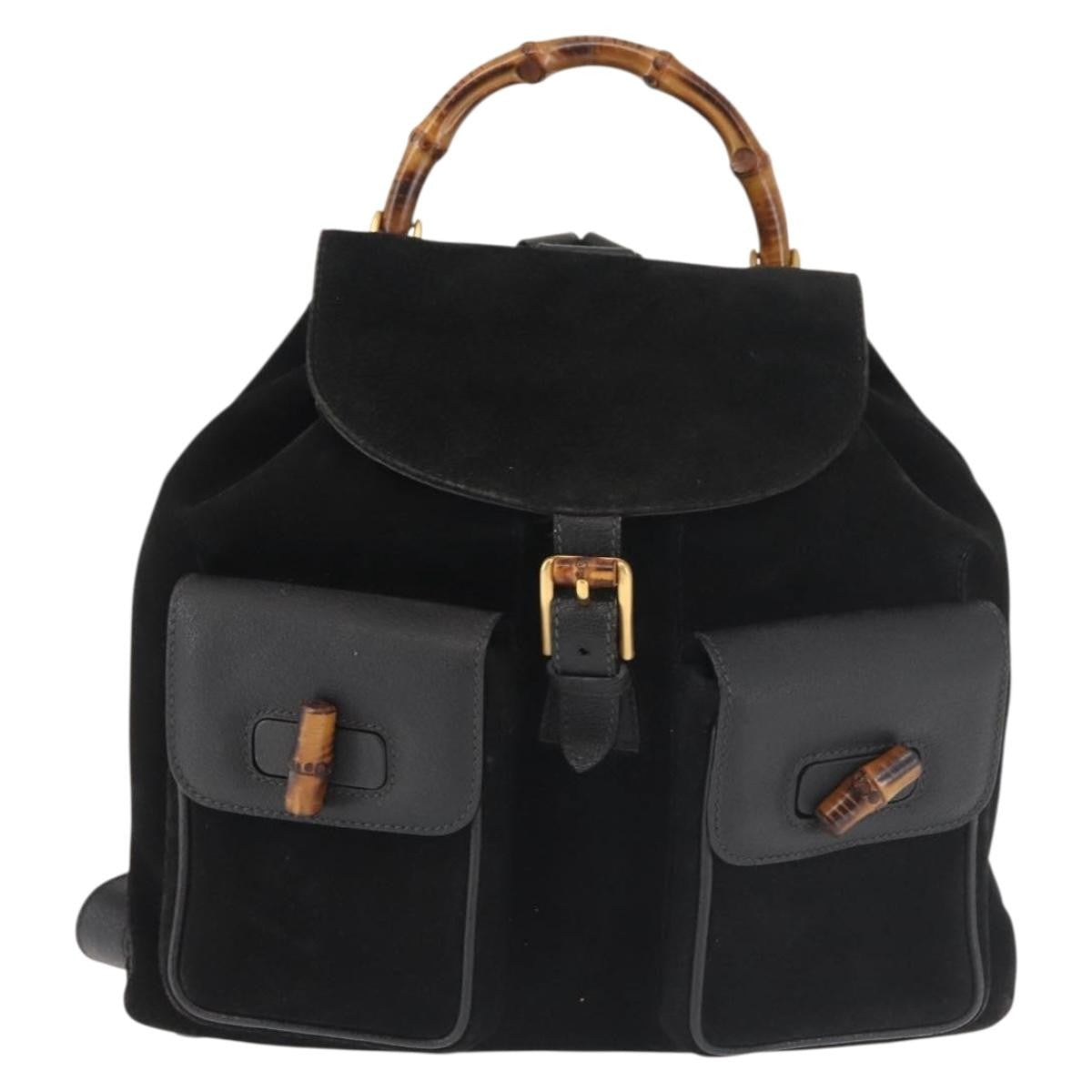 Gucci Vintage Bamboo Backpack Suede, BLACK, SUEDE, Backpack