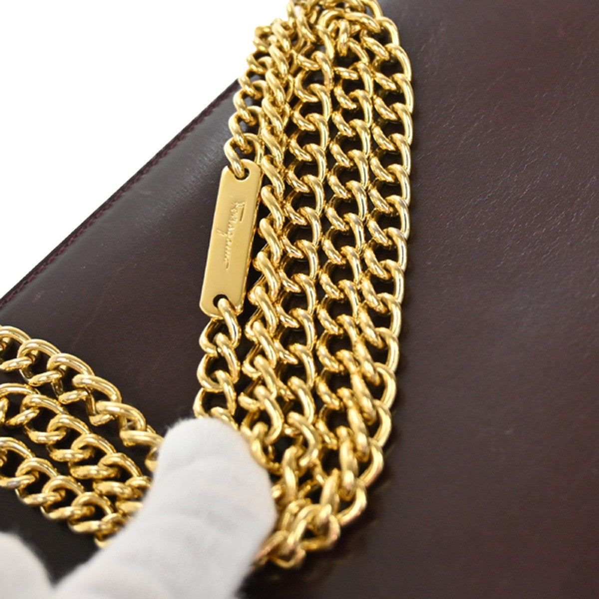 Salvatore Ferragamo Vintage Gancini Chain Shoulder Bag Leather, BURGUNDY, LEATHER, Shoulder bag